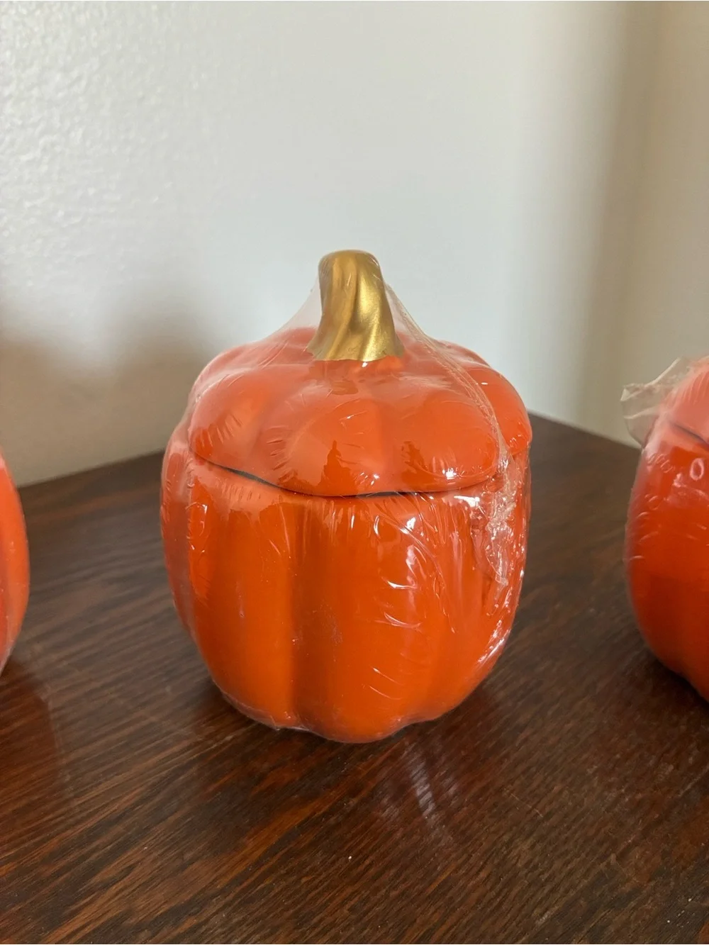 NWT- Set of 3- Orange Ceramic Pumpkin Jars with Lid & Gold Stems